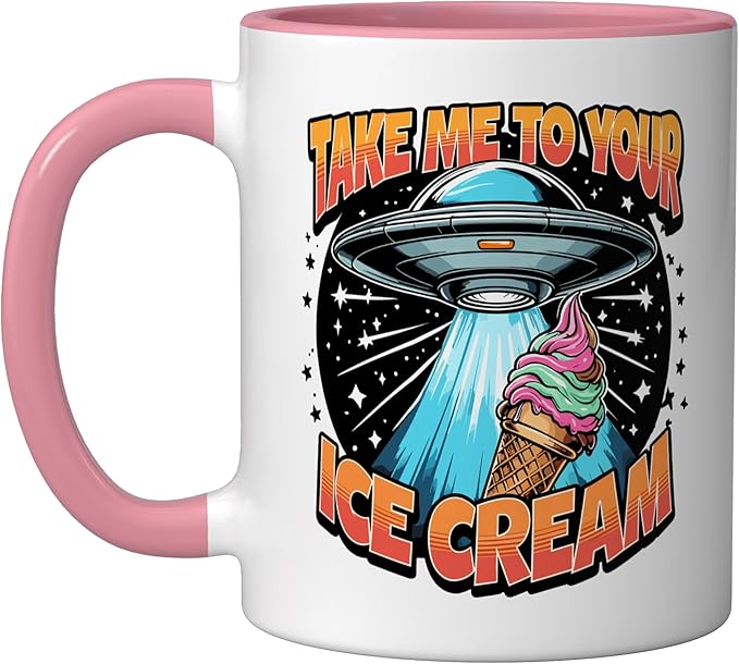 Take Me to Your Ice Creams UFO Abduction Funny Ice Cream Ceramic Mug, Pink/White