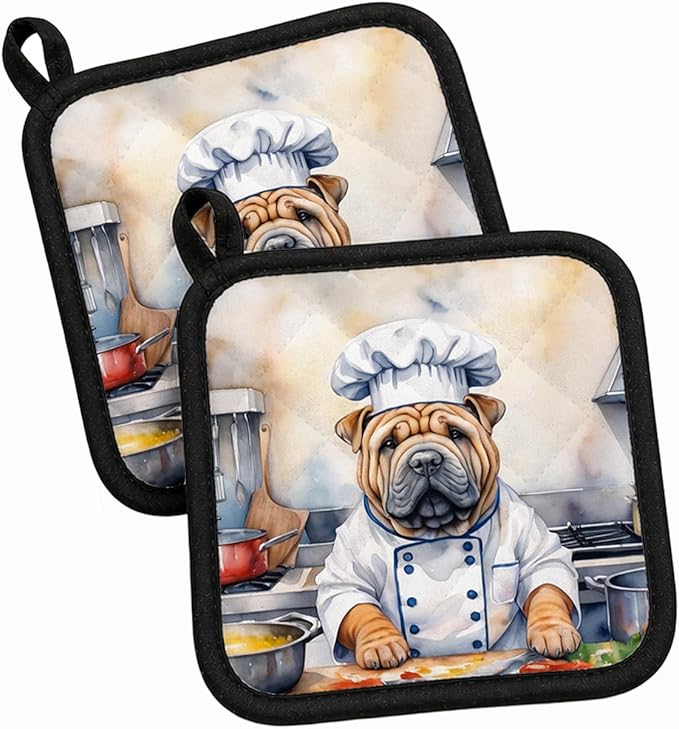 Caroline's Treasures Shar Pei The Chef Pair of Pot Holders Kitchen Heat Resistant Pot Holders Sets Oven Hot Pads for Cooking Baking BBQ, 7 1/2 x 7 1/2