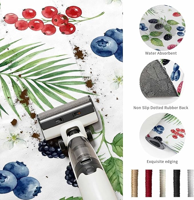 Area Rug 4x6ft, Farm Fruit Berry Cherry Blueberry Washable Rugs for Living Room Bedroom, Watercolor Mulberry Leaves Soft Non-Slip Area Rugs Rectangle Floor Carpet for Dining Room