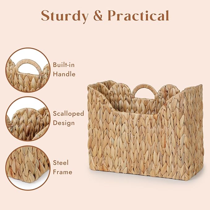 YANGQIHOME Wicker Magazine Holder, Handwoven Water Hyacinth Magazine Basket, Scalloped Book Basket with Handle, Divided Magazine Rack for Office, Bathroom, Living Room