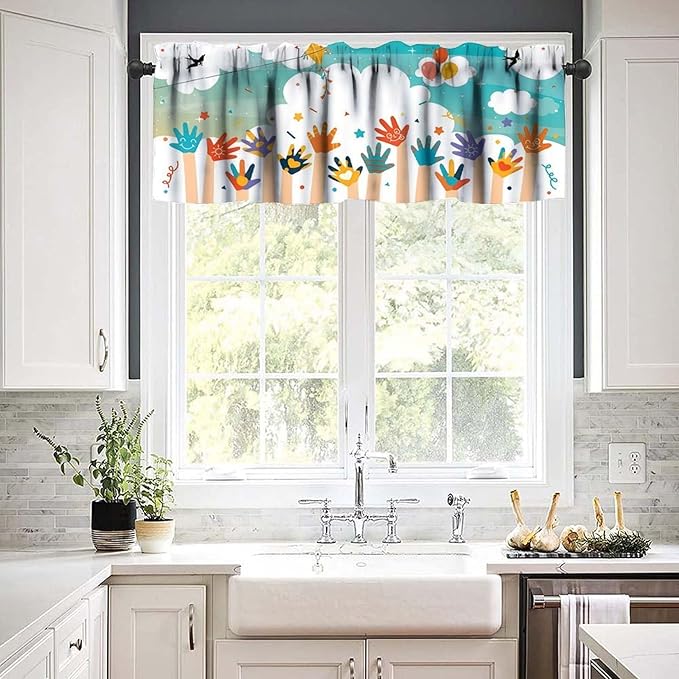 Children's Day Valance Curtain, Cartoon Handprint Birds Blue Sky Clouds Window Drapes for Kids Bedroom Living Room Classroom Home Decor, 54x18Inch