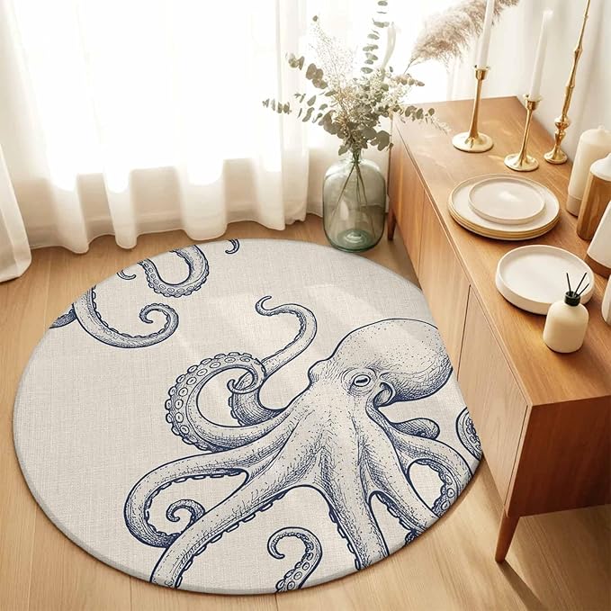 Washable Round Area Rug Marine Octopus Sea Monster Circle Rugs Floor Carpet for Living Room Bedroom, Farmhouse Ocean Life on Linen Soft Non Slip Round Rug 3ft