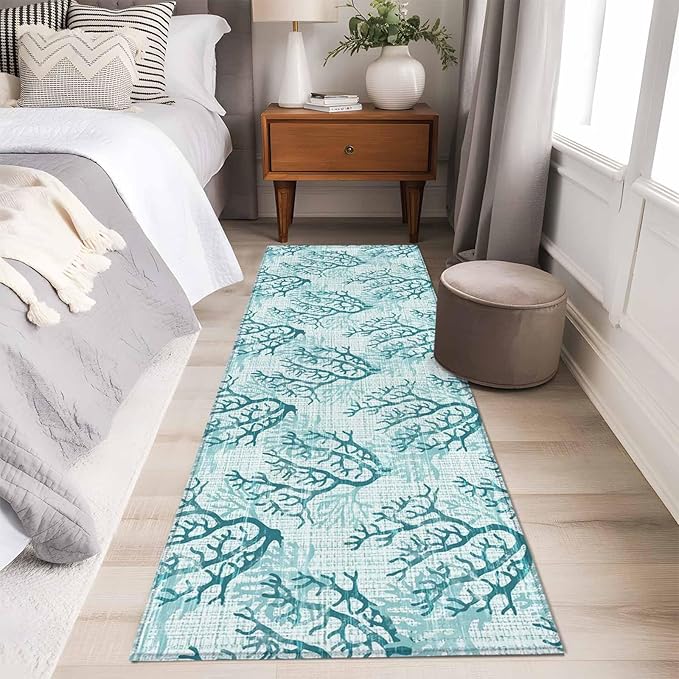Runner Rug for Bedroom Hallway, Coastal Sea Coral Retro Linen Kitchen Runner Rugs Area Rug 2x6ft, Underwater Ocean Life Washable Soft Floor Carpet for Entryway Stair