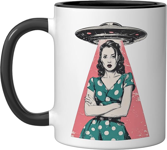 Retro 1950s UFO Abduction Woman Sci Fi Alien Ceramic Mug, Black/White