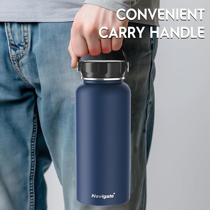 Navigate 32 oz Insulated Stainless Steel Sports Water Bottle with Spout & Handle Lids,Wide Mouth Water Jug with Double Walled Leak Proof Keep Cold for 24 Hrs Hot for 12 Hrs,Dark Blue