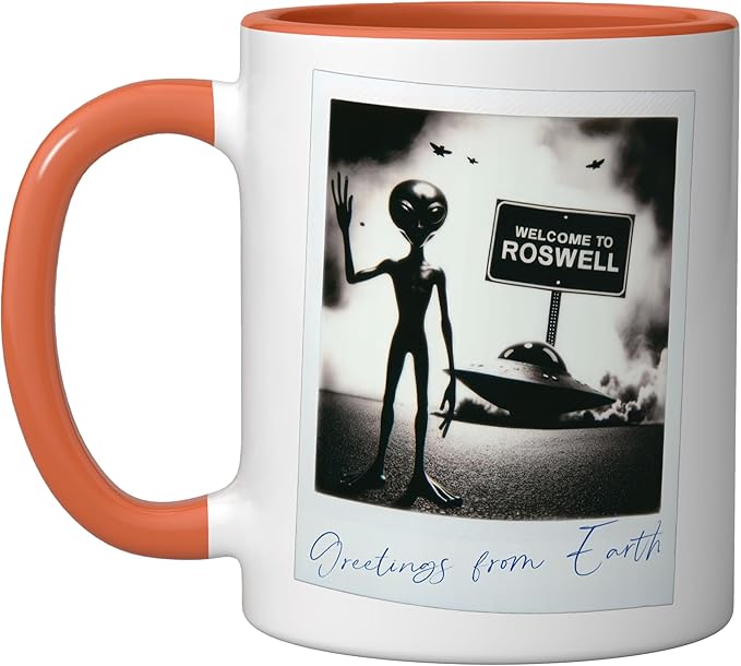 Vintage Alien UFO Crash At Roswell 1947 Photo Ceramic Mug, Orange/White
