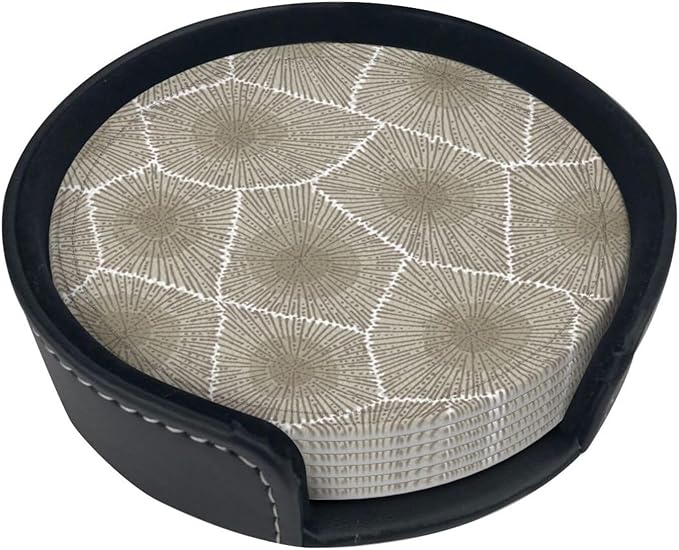 Petoskey Stone Leather Drinks Coasters with Holder, Set of 6, Suitable for Various Cups