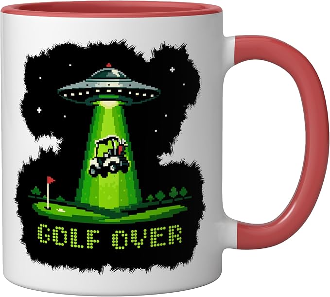GOLF OVER Retro Funny Pixel Art UFO Abducting Golf-Cart Ceramic Mug, Red/White