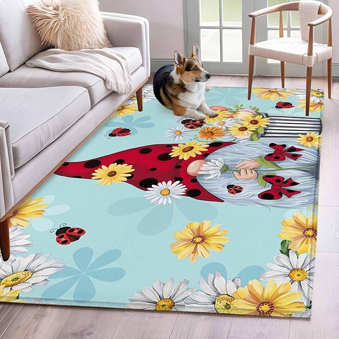 Area Rug 3x5ft, Summer Ladybug Gnome Daisy Flower Washable Rugs for Living Room Bedroom, Watercolor Bloom Floral on Blue Soft Non-Slip Area Rugs Rectangle Floor Carpet for Dining Room