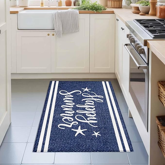 Area Rug 2x3ft, Happy Summer Quote Ocean Starfish Washable Rugs for Living Room Bedroom, Navy Blue Stripe Denim Texture Soft Non-Slip Area Rugs Rectangle Floor Carpet for Dining Room