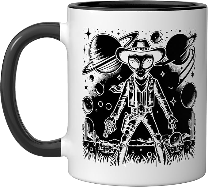 Alien Lover Flying Saucer UFO Extraterrestrial Cowboy Ceramic Mug, Black/White
