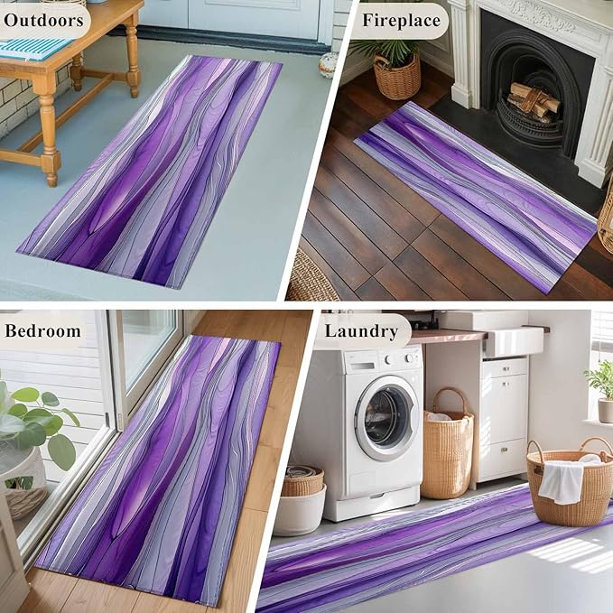 Runner Rug for Bedroom Hallway, Abstract Art Purple Gray Wave Kitchen Runner Rugs Area Rug 2x6ft, Vintage Marble Texture Washable Soft Floor Carpet for Entryway Stair