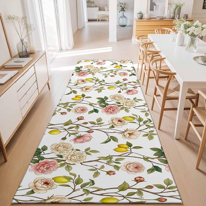 Runner Rug for Bedroom Hallway, Country Blossom Flower Plant Kitchen Runner Rugs Area Rug 2x6ft, Summer Lemon Leaf Seamless Washable Soft Floor Carpet for Entryway Stair
