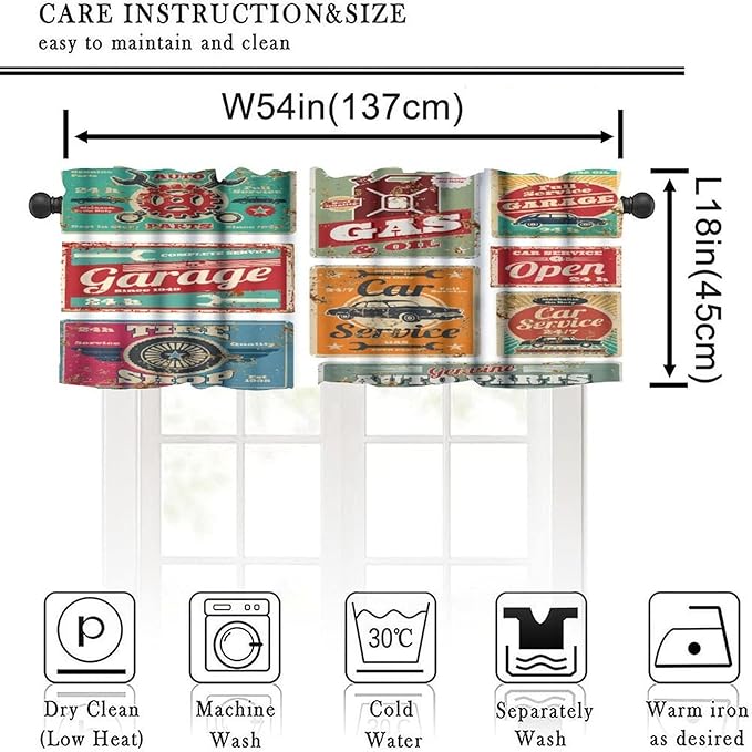 Retro 1950s Valance Curtain Vintage Car Service and Gas Station Metal Signs Windows Short Curtains Valances for Kitchen Living Room Bathroom Bedroom Decor with Rod Pocket, One Panel 54X18 Inches