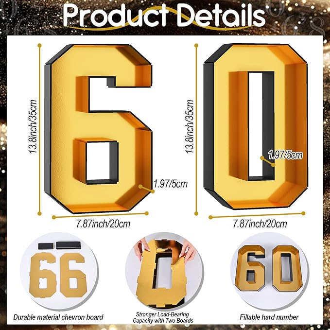 60 Cardboard Numbers for Charcuterie Fillable 13.8'' Black Gold Paper Mache Number Shaped Cupcake Pans Board Box Trays Container for Food Candy 60th Birthday Party Decorations Anniversary