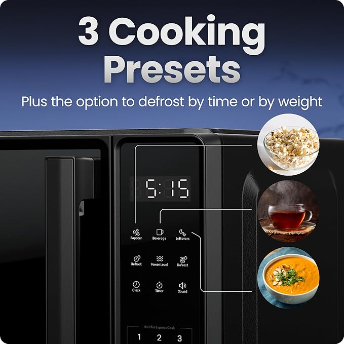 Chefman Countertop Microwave Oven 0.7 Cu. Ft., 700 Watts with 10 Power Levels, 6 Cooking Presets with One-Touch Express Cook, Eco Mode, Child Safety Lock, & Mute Button - Black