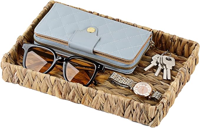 Decorative Key Holder for Entryway Table Handwoven Natural Water Hyacinth Basket Tray Rectangular Serving Tray, 11.9" x 7.9" x 1.6"