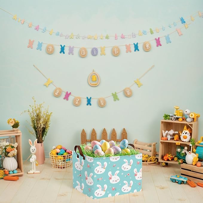 Kid Large Empty Easter Basket Gift Personalized Fabric Bunny Easter Basket for Boy and Girl Room Decor Storage Bin (Happy Rabbit Flower Blue)