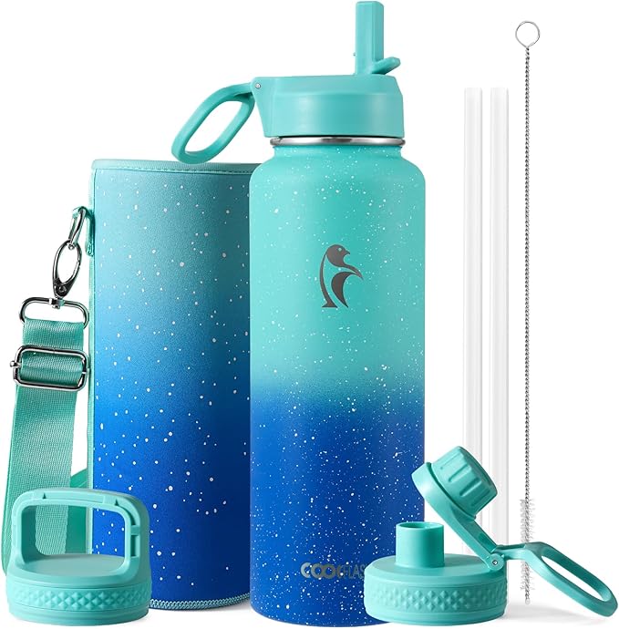 Coolflask Water Bottle 40 oz Insulated with Straw, Stainless Steel Metal 3 Lids Water Flask for Sports or Office, Keep Cold 48H Hot 24H, Glacier Blue