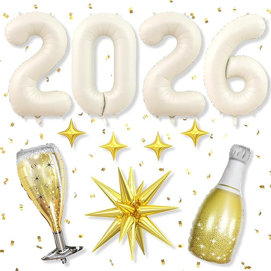 Cream White 2026 Balloons, 40 Inch Number 2026 Nude White Foil Balloons Gold Star Balloon Champagne Bottle Glass Balloon for Happy New Years Eve Party Supplies 2026 Class of 2026 Graduation Decoration
