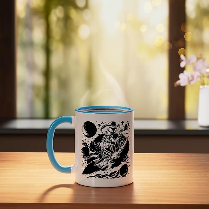 Alien Lover Flying Saucer UFO Extraterrestrial Cowboy Ceramic Mug, Blue/White