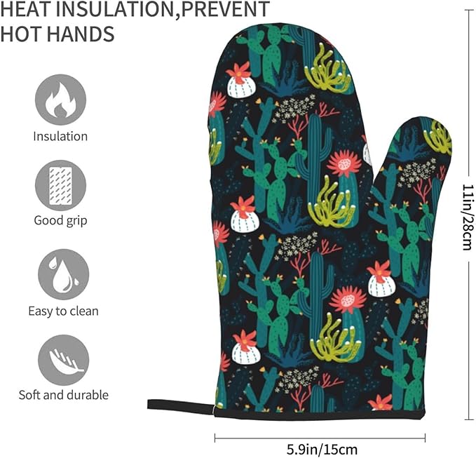 Green Cactus Oven Mitts of 2-Pack Set, Funny Kitchen Gloves Heat Resistant Non-Slip Kitchen Mitts for Cooking Baking Grilling