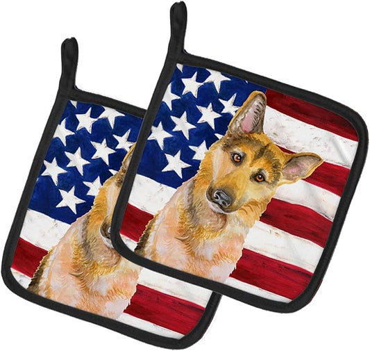 Caroline's Treasures BB9711PTHD German Shepherd #2 Patriotic Pair of Pot Holders Kitchen Heat Resistant Pot Holders Sets Oven Hot Pads for Cooking Baking BBQ, 7 1/2 x 7 1/2