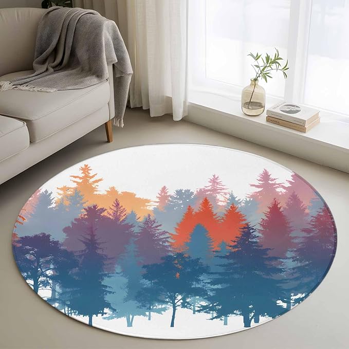 Washable Round Area Rug Abstract Trees Forest Silhouette Circle Rugs Floor Carpet for Living Room Bedroom, Natural Scene Plants Soft Non Slip Round Rug 3ft