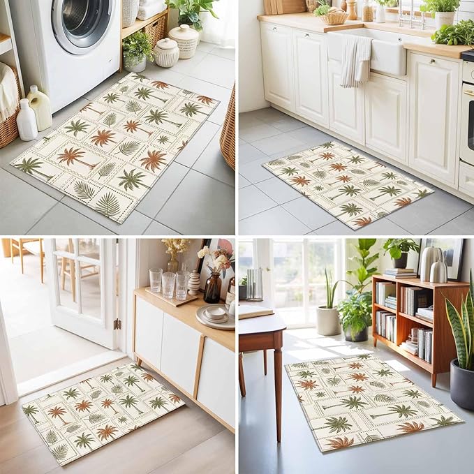 Area Rug 2x3ft, Vintage Coconut Tree Palm Leaves Washable Rugs for Living Room Bedroom, Farm Tropical Plant on Beige Soft Non-Slip Area Rugs Rectangle Floor Carpet for Dining Room