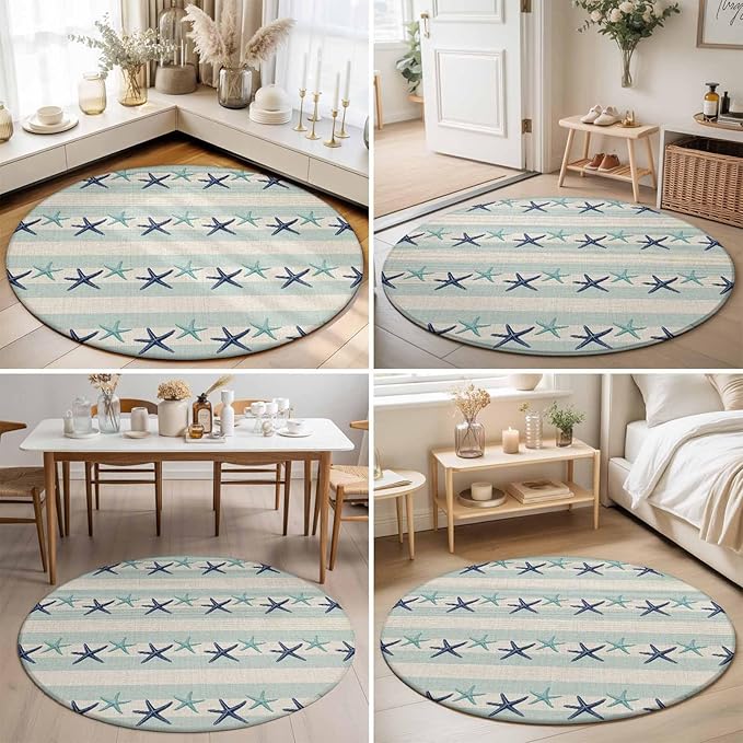 Washable Round Area Rug Summer Ocean Blue Teal Starfish Circle Rugs Floor Carpet for Living Room Bedroom, Sea Star on Farmhouse Linen Soft Non Slip Round Rug 3ft