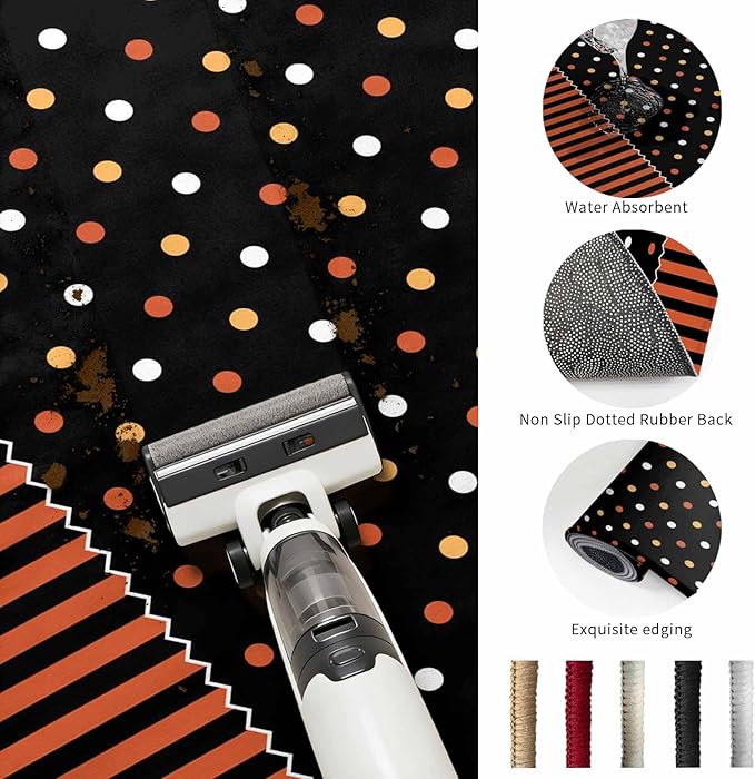 Runner Rug for Bedroom Hallway, Halloween Polka Dots Orange Stripes Kitchen Runner Rugs Area Rug 2x6ft, Seamless Dot on Black Washable Soft Floor Carpet for Entryway Stair