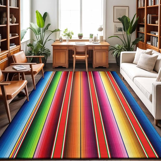 Area Rug 8x10ft, Mexican Stripes Vintage Ethnic Washable Rugs for Living Room Bedroom, Native American Stripe Soft Non-Slip Area Rugs Rectangle Floor Carpet for Dining Room