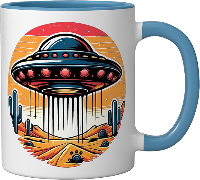 Retro UFO Desert Abduction Scene | Vintage Sci-Fi Ceramic Mug, Blue/White