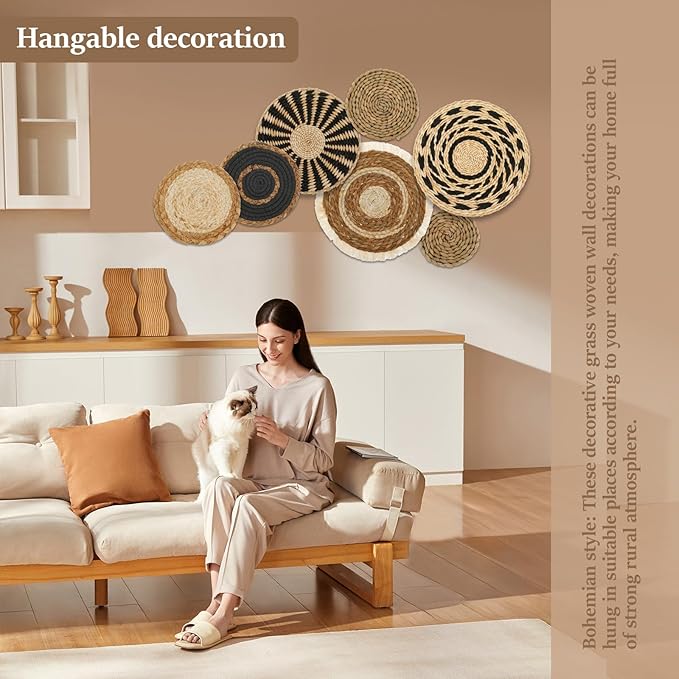 7 Pcs Round Bohemian Woven Wall Basket Decor Rustic Handmade Woven Wall Decor for Home Farmhouse Kitchen Table Living Room Party