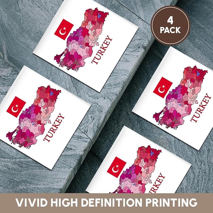 3dRose Map and Flag of Turkey with Provinces Labeled and Colored. Set of 4 Ceramic Tile Coasters