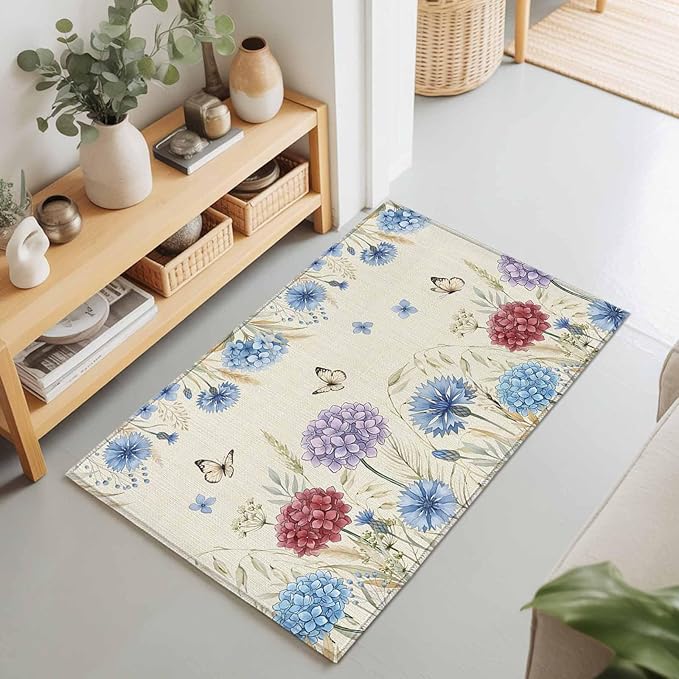 Area Rug 2x3ft, Spring Watercolor Garden Flower Washable Rugs for Living Room Bedroom, Hydrangea Floral on Burlap Soft Non-Slip Area Rugs Rectangle Floor Carpet for Dining Room