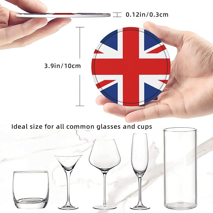 United Kingdom Flag Leather Drinks Coasters with Holder, Set of 6, Suitable for Various Cups