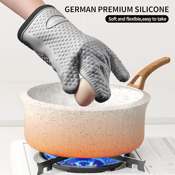 MAD SHARK Silicone Oven Mitts Heat Resistant 450°F,Waterproof & Non-Slip Oven Gloves with Fingers,Cotton Lined Silicone Oven Gloves Kitchen Mitts for Baking Cooking Barbecue,Women,Oven (GREY1)