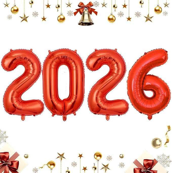 Red 2026 Balloons, 16 Inch Foil 2026 Number Balloons, Grad Balloons for Class of 2026 Graduation Party, Red Matellic Foil New Year Birthday Home Office Party Supplies