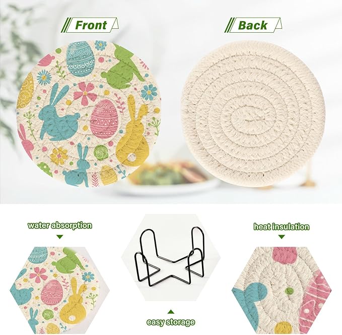 YETTASBIN Easter Bunny Eggs 6 Pcs Drink Coasters with Holder, Cotton Woven Absorbent Heat-Resistant Round Coaster Non-Slip Table Mat for Kitchen Bar Home Decor Housewarming Gift, 3.9 in