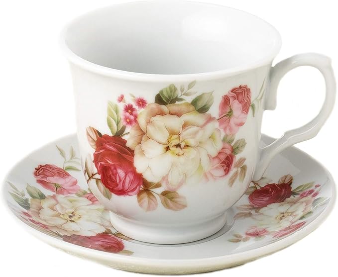 8oz. Set of 4 Coffee/Tea Cups On Metal Stand-Red and Ivory Flower
