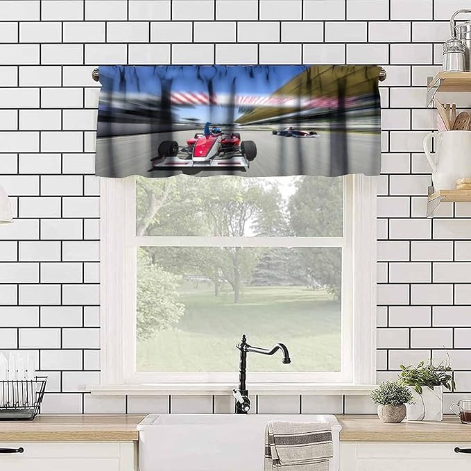 Racing Car Valance Curtain Extreme Sports Car Race Track Finish Line Pattern Rod Pocket Valance Window Treatments Short Curtains for Kitchen Bathroom Farmhouse Living Room 54x18inch