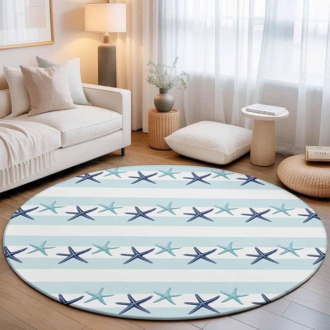Washable Round Area Rug Summer Coastal Starfish Blue Teal Circle Rugs Floor Carpet for Living Room Bedroom, Watercolor Ocean Theme Stripe Soft Non Slip Round Rug 3ft