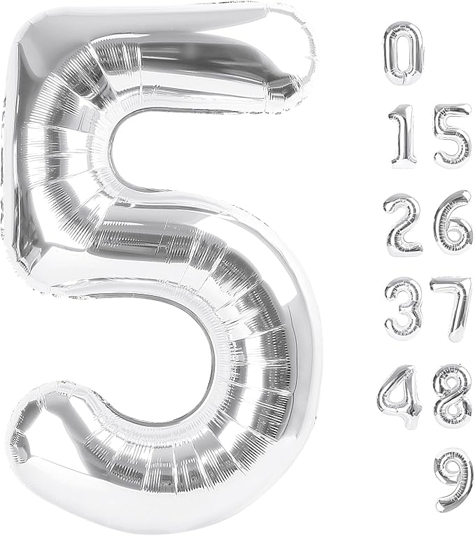 Balloon Numbers 40 Inch 5 Ballon for 5th Birthday Decorations, 15 25 35 50 Big Silver Number Balloons for Wedding Photo Shoot Party Decor