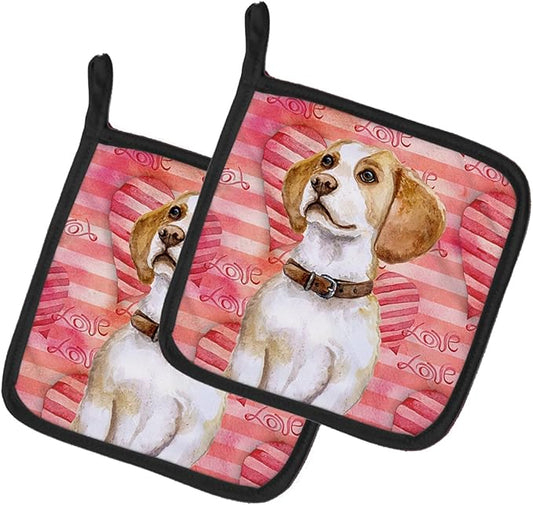 Caroline's Treasures BB9773PTHD Beagle Love Pair of Pot Holders, Red Kitchen Heat Resistant Pot Holders Sets Oven Hot Pads for Cooking Baking BBQ, 7 1/2 x 7 1/2