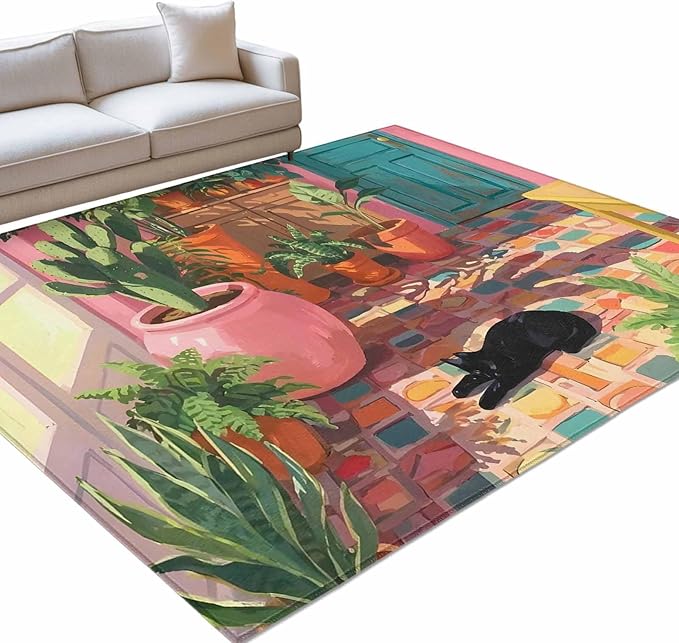 Area Rug 9x12ft, Sleeping Cat Pink Sunlit Room Washable Rugs for Living Room Bedroom Rectangle Floor Carpet, Potted Plants Soft Non-Slip Area Rugs for Dining Room