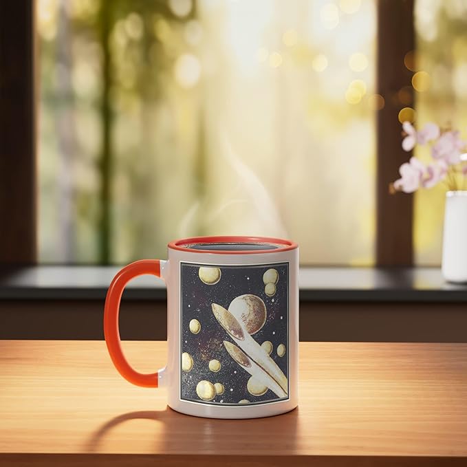 Retro Sci-Fi UFOs Flying Saucers Through Space Ceramic Mug, Orange/White