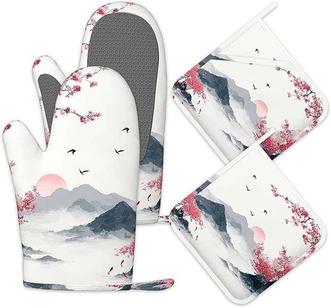Japanese Cherry Blossom Oven Mitts and Pot Holders Sets,Silicone Fujiyama Mountain Kitchen Mitts Potholders Heat Resistant 4Pcs Oven Gloves Hot Pads for Kitchen Baking Cooking