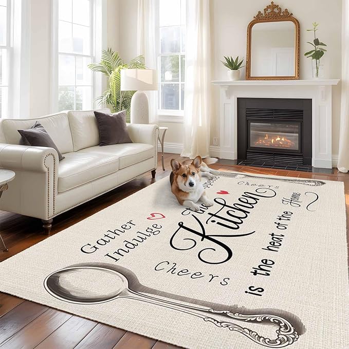 Area Rug 6x9ft, Spoon Fork Vintage Farmhouse Washable Rugs for Living Room Bedroom, Abstract Love Retro Linen Soft Non-Slip Area Rugs Rectangle Floor Carpet for Dining Room