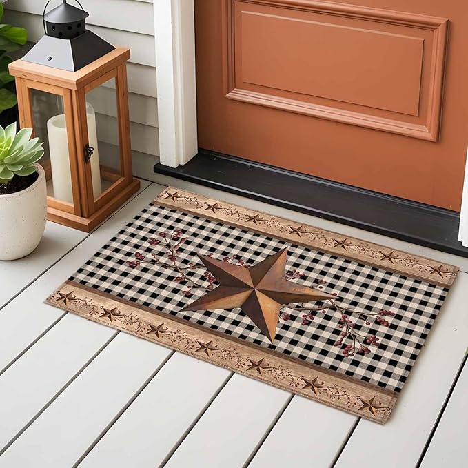 Brown Texas Star Retro 2x3 Door Mat Rug, Country Star Non-Skid Rubber Backing Large Rectangle Rugs - Living Room Bedroom Home Office, Black White Plaid Wooden Indoor Floor Mat Carpets Washable Rug